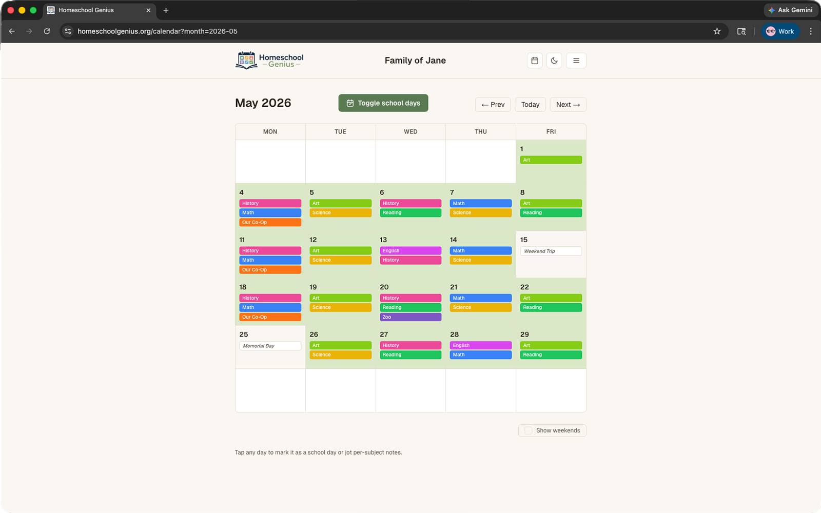 Homeschool Genius calendar view