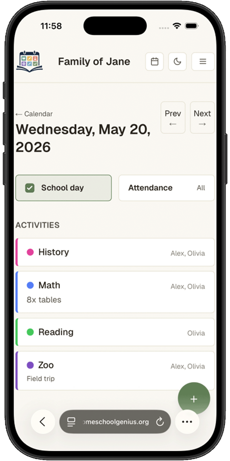 Homeschool Genius day view on a phone